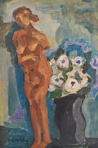 Figura in terracotta e vaso di fiori